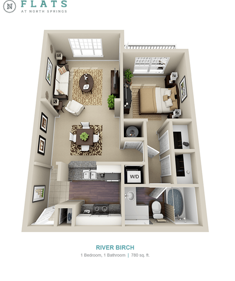A 3D floor plan of a 780 sq ft apartment with one bedroom and one bathroom.